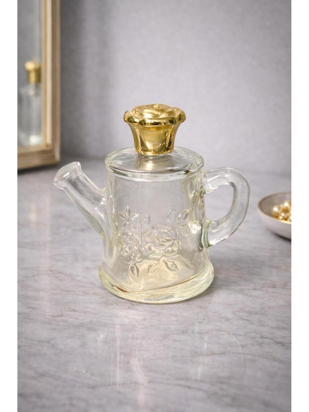 Avon 1970s Field Flowers Teapot Cologne Figural Clear Glass Bottle, 3”